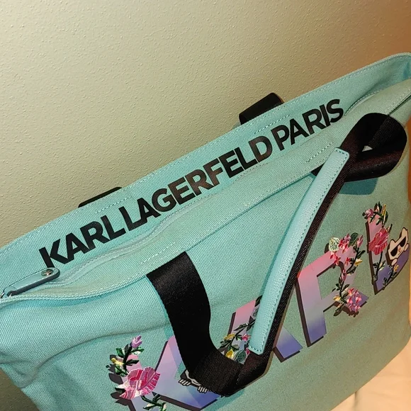 Karl Lagerfeld Paris Aqua / Pink / Blue Canvass Tote with Karl & Cat & F… - Picture 6 of 8